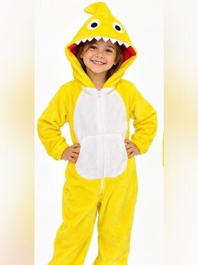 Kids Shark One-Piece Hooded Pyjama/Costume | Size Medium 4–6Y | Yellow & White